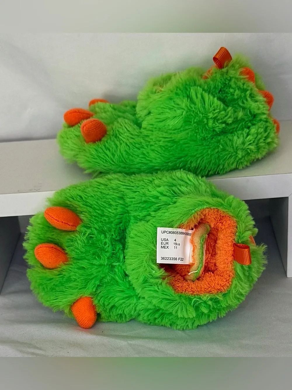 wonder nation Green Plush Monster Paw Slippers with Orange Toes